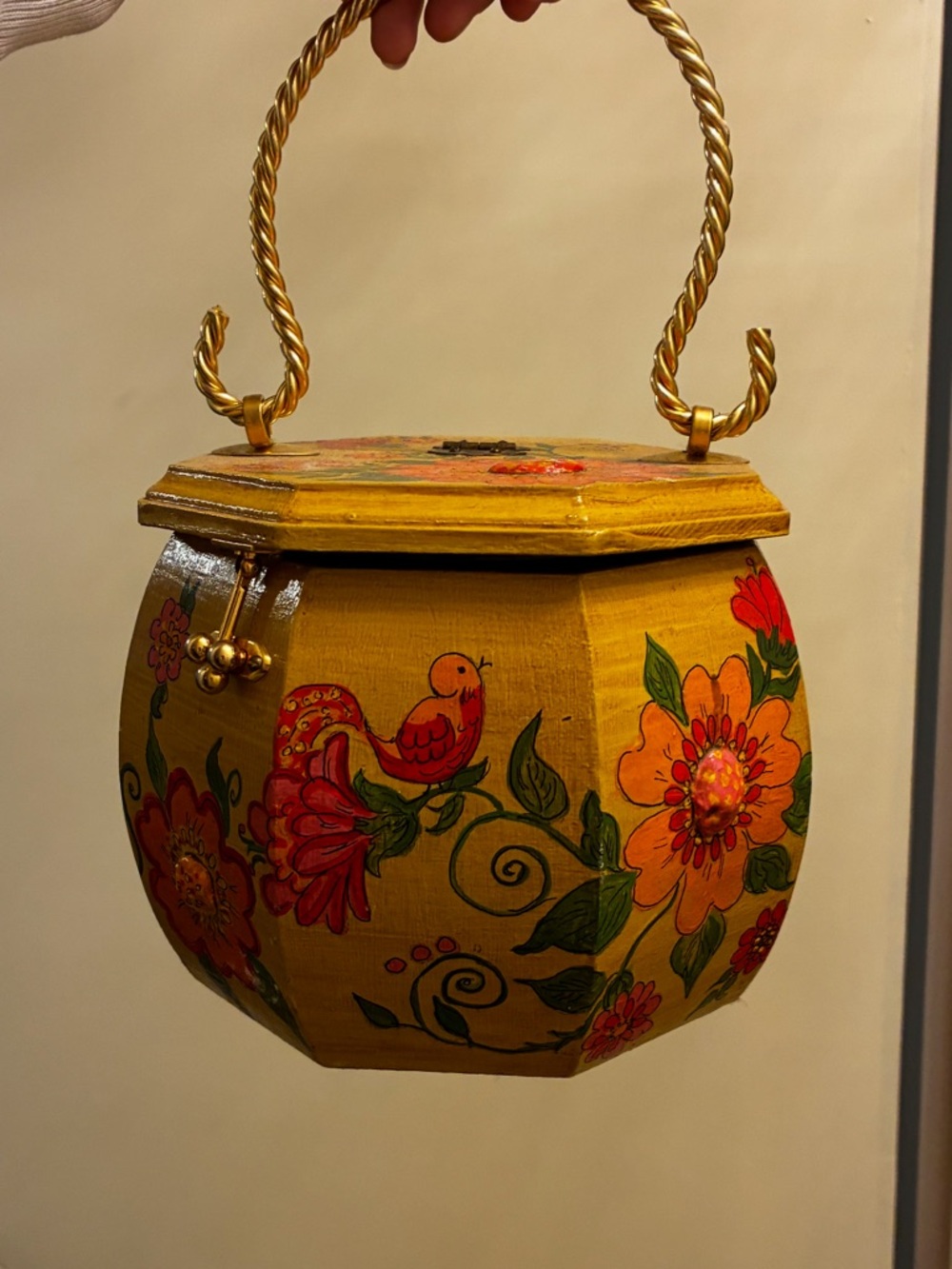 Hand-Painted Floral & Bird Wooden Handbag - Yellow lined w/mirror